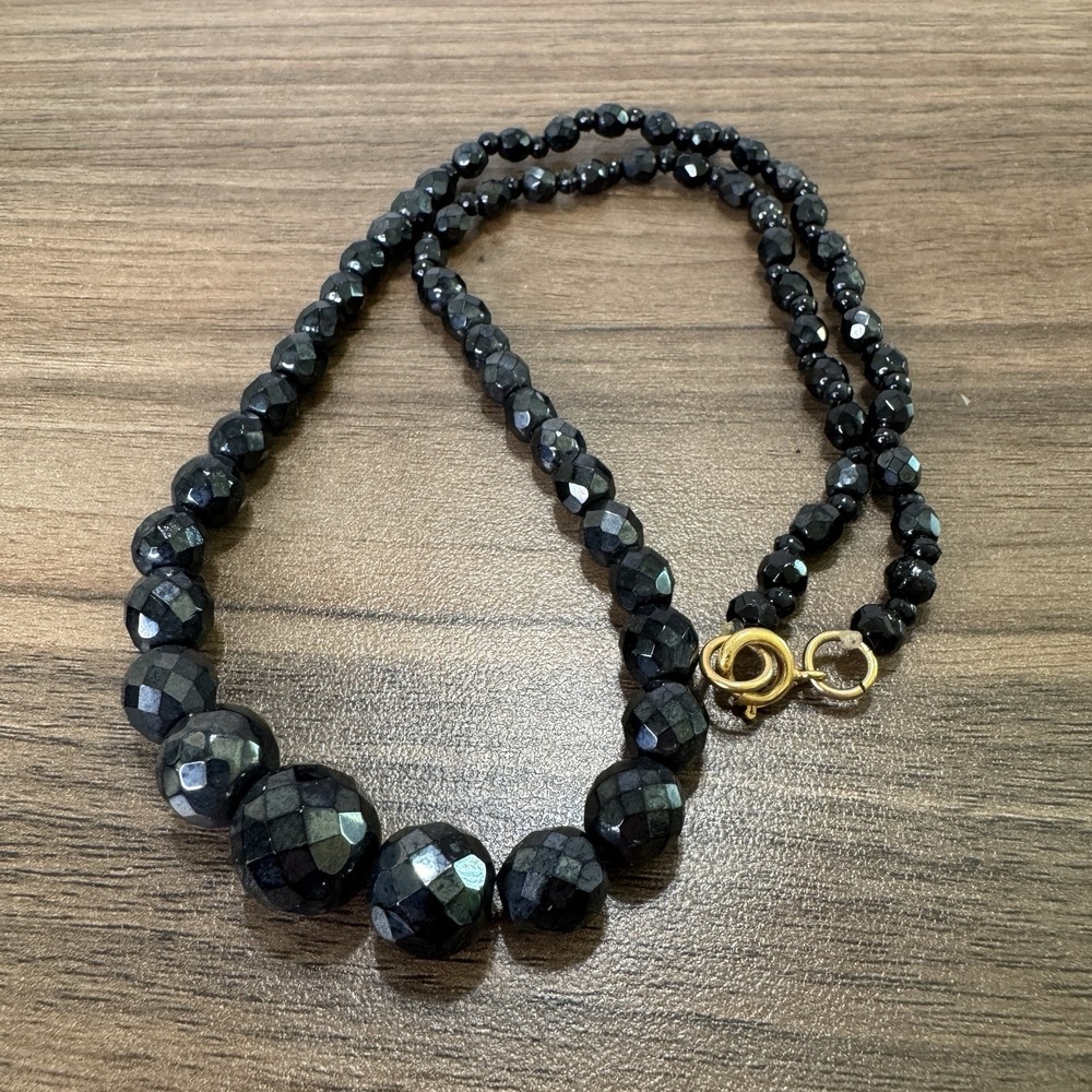 Vintage Faceted Graduated Dark Gray Beads Gold Clasp 22" Necklace